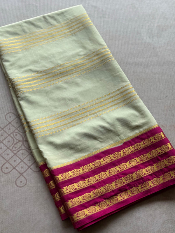 Semi Mysore Crepe Silk Saree in Pastel Green with Gold Zari Lines & Magenta Contrast Border