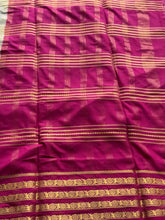 Semi Mysore Crepe Silk Saree in Pastel Green with Gold Zari Lines & Magenta Contrast Border