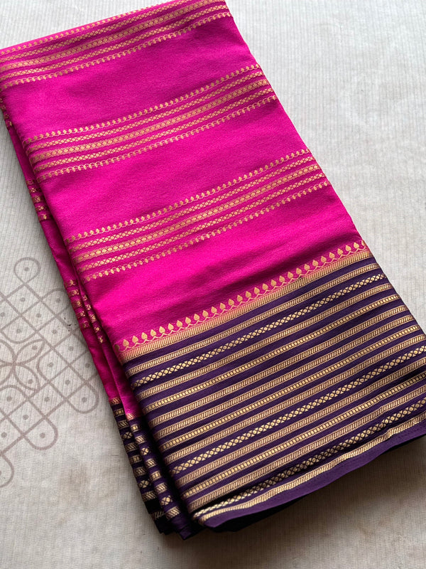 Semi Mysore Crepe Silk Saree with Gold Zari Stripes & Contrast Border