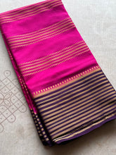 Semi Mysore Crepe Silk Saree with Gold Zari Stripes & Contrast Border