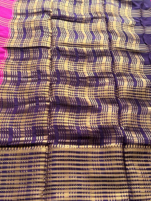 Semi Mysore Crepe Silk Saree with Gold Zari Stripes & Contrast Border