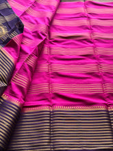 Semi Mysore Crepe Silk Saree with Gold Zari Stripes & Contrast Border