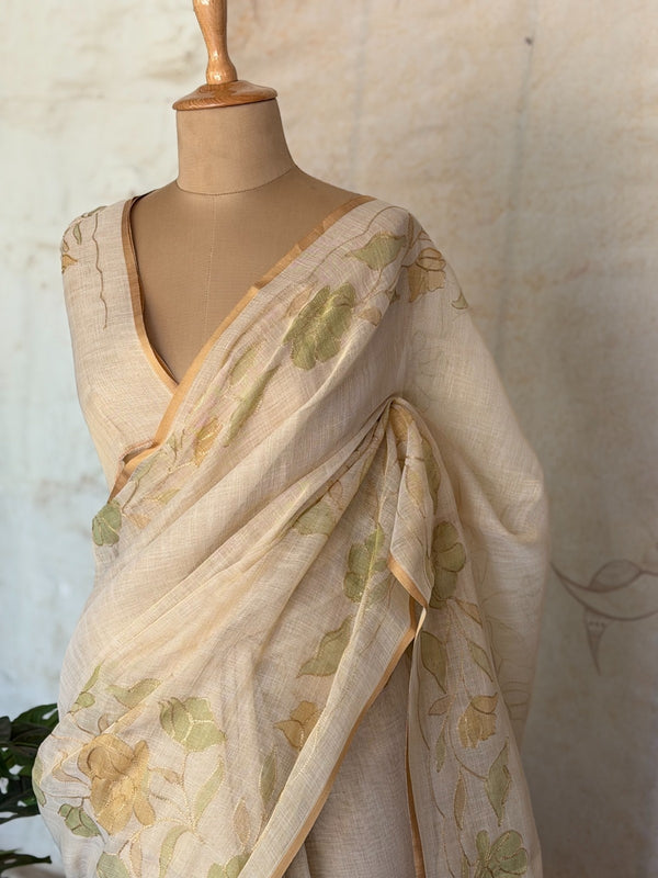 Eshira - Misty Flora Linen Tissue Floral Appliqué Saree with Zari Accents
