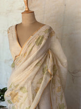 Eshira - Misty Flora Linen Tissue Floral Appliqué Saree with Zari Accents
