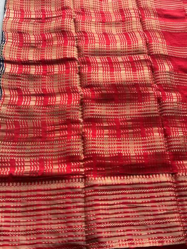 Semi Mysore Crepe Silk Saree with Gold Zari Stripes & Contrast Border