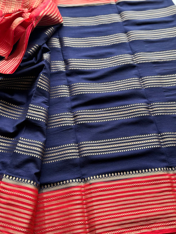 Semi Mysore Crepe Silk Saree with Gold Zari Stripes & Contrast Border