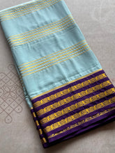 Semi Mysore Crepe Silk Saree with Gold Zari Lines & Contrast Purple Border