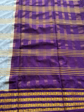 Semi Mysore Crepe Silk Saree with Gold Zari Lines & Contrast Purple Border