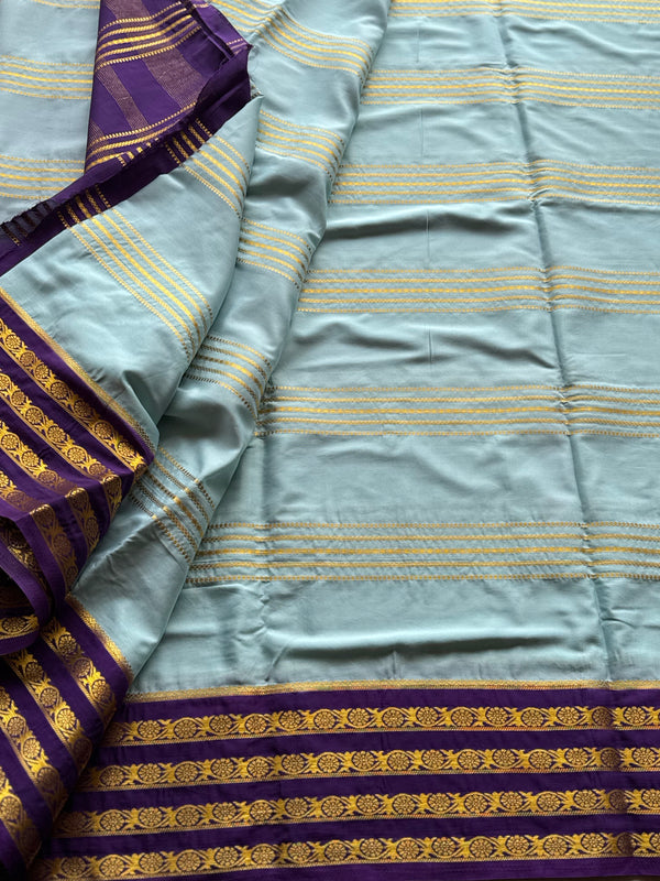 Semi Mysore Crepe Silk Saree with Gold Zari Lines & Contrast Purple Border