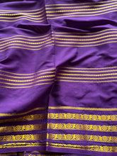 Semi Mysore Crepe Silk Saree with Gold Zari Lines & Contrast Purple Border