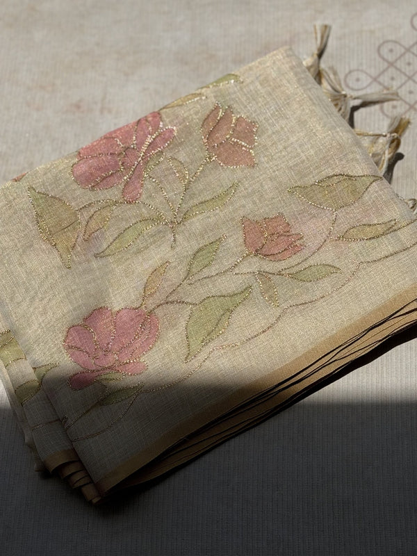 Eshira - Blush Bloom Linen Tissue Floral Appliqué Saree with Zari Accents