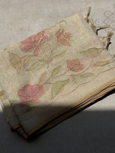 Eshira - Blush Bloom Linen Tissue Floral Appliqué Saree with Zari Accents