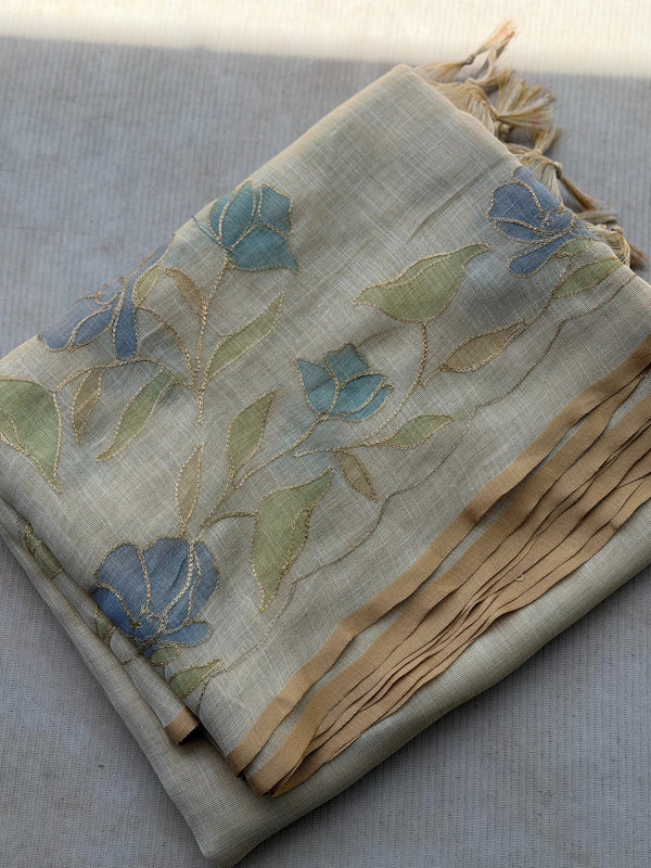 Eshira - Blue Meadow Linen Tissue Floral Appliqué Saree