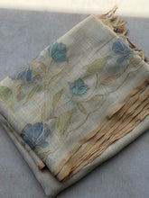 Eshira - Blue Meadow Linen Tissue Floral Appliqué Saree