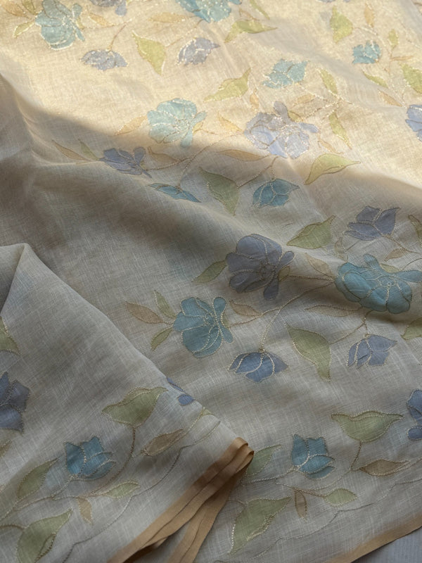 Eshira - Blue Meadow Linen Tissue Floral Appliqué Saree