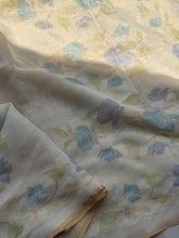 Eshira - Blue Meadow Linen Tissue Floral Appliqué Saree