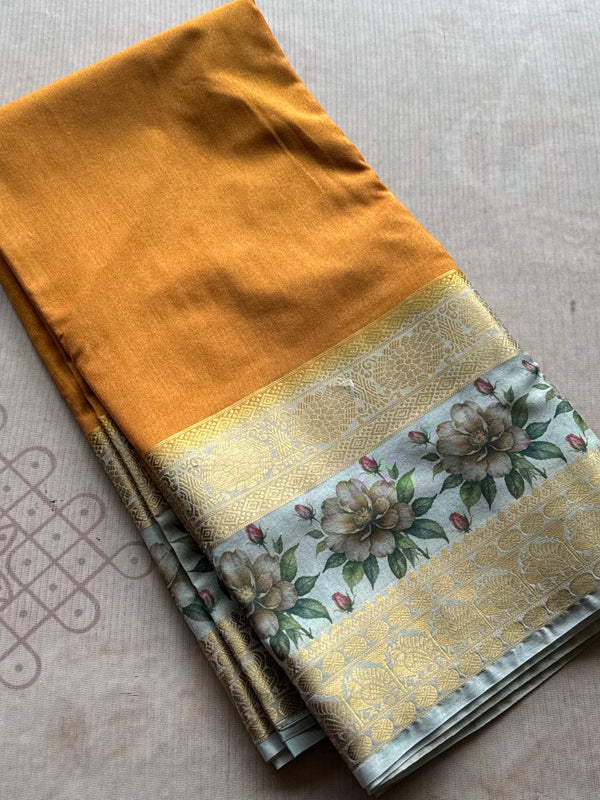 Mysore Crepe Silk Mubbagam Saree with Floral Borders – Festive Ethnic Wear