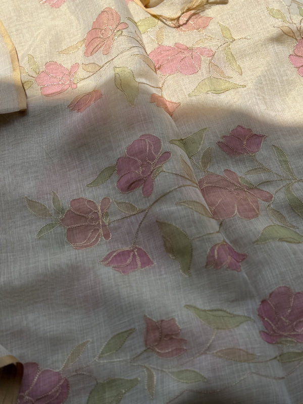 Eshira - Blush Bloom Linen Tissue Floral Appliqué Saree with Zari Accents