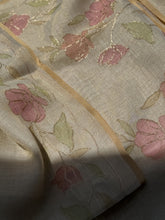 Eshira - Blush Bloom Linen Tissue Floral Appliqué Saree with Zari Accents