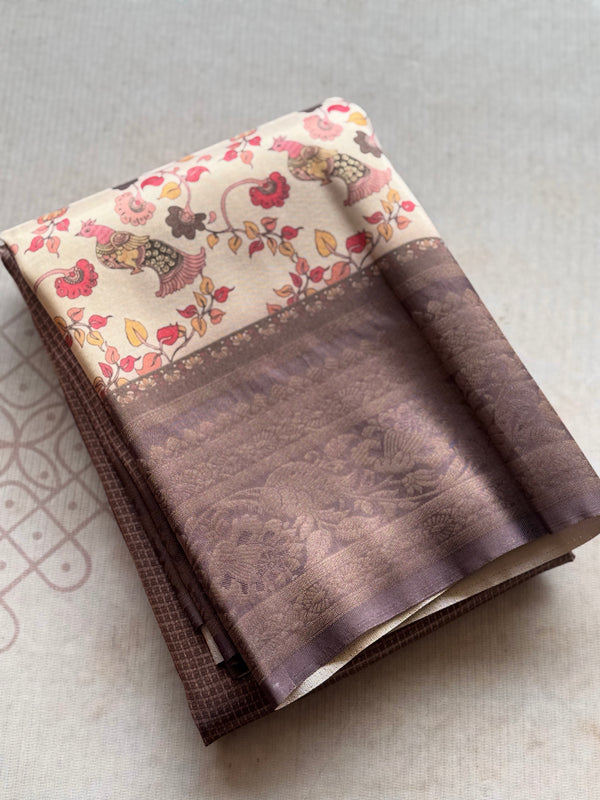 Banarasi Zari Checkered Saree with Kalamkari Border & Matching Butta Blouse