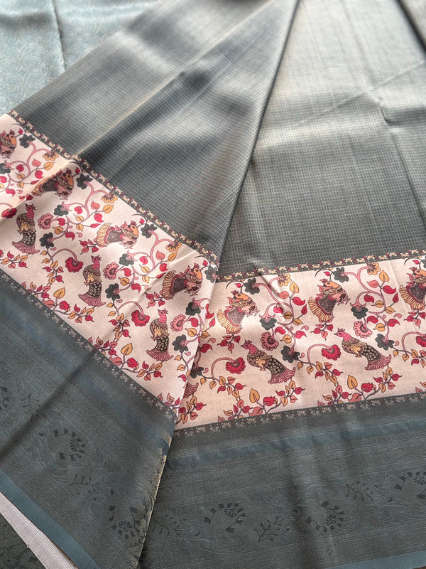 Banarasi Zari Checkered Saree with Kalamkari Border & Matching Butta Blouse