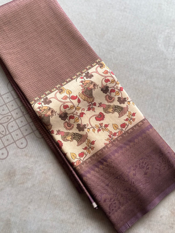 Banarasi Zari Checkered Saree with Kalamkari Border & Matching Butta Blouse – Dusty Mauve