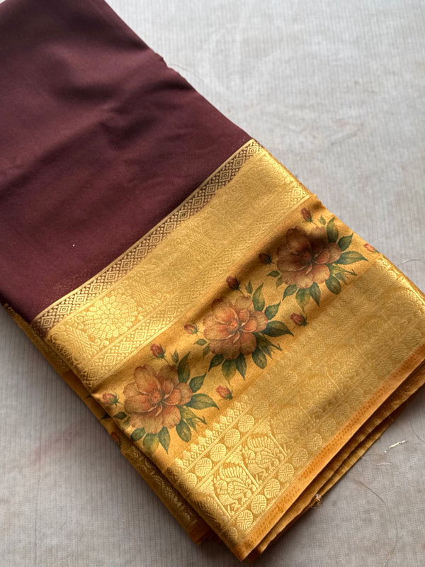 Mysore Crepe Silk Mubbagam Saree with Floral Borders – Festive Ethnic Wear