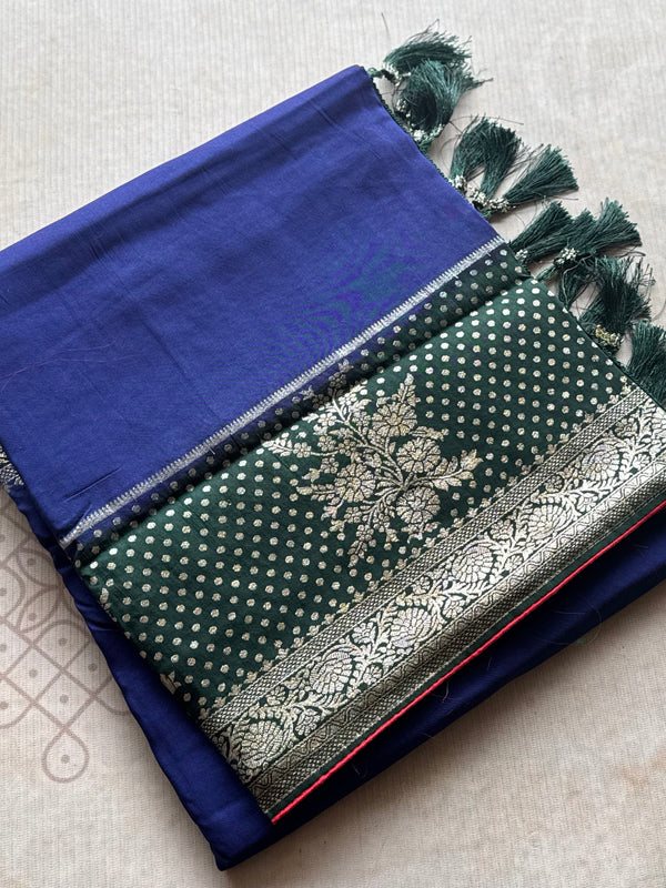 Royal Emerald Banarasi Semi Tussar Saree with Contrast Border & Zari Buttas
