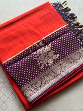 Vermilion Red & Royal Plum Banarasi Semi Tussar Saree with Rich Zari Weaving