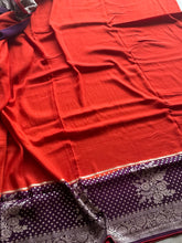 Vermilion Red & Royal Plum Banarasi Semi Tussar Saree with Rich Zari Weaving