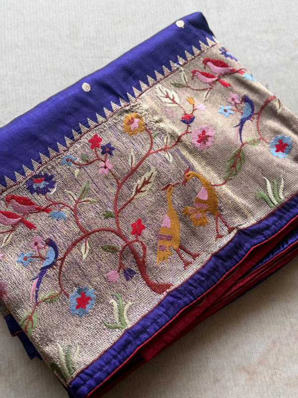 Sashtika - Royal Blue Chiniya Silk Saree with Paithani Bird & Floral Border