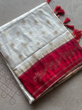 White Banarasi Silk Saree with Zari Work and Contrasting Red Border