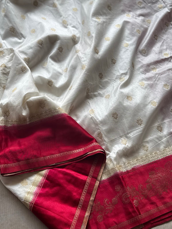White Banarasi Silk Saree with Zari Work and Contrasting Red Border