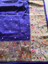 Sashtika - Royal Blue Chiniya Silk Saree with Paithani Bird & Floral Border