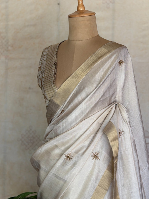Rahasya - Ivory Tussar Silk Saree with Hand-Embroidered Buttas & Zari Border