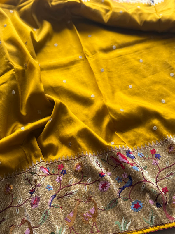 Sashtika - Mustard Yellow Chiniya Silk Saree with Paithani Bird & Floral Border