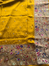 Sashtika - Mustard Yellow Chiniya Silk Saree with Paithani Bird & Floral Border