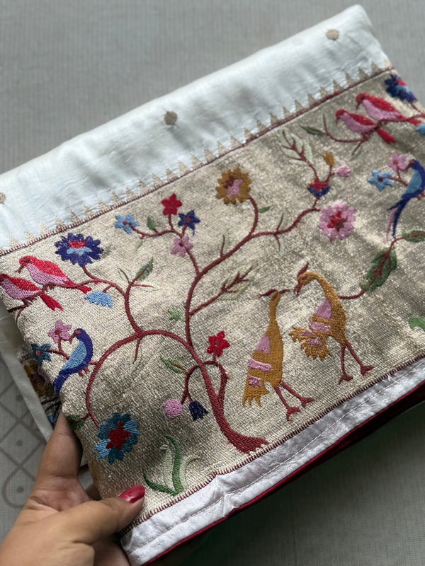 Sashtika - White Chiniya Silk Saree with Paithani Bird & Floral Border