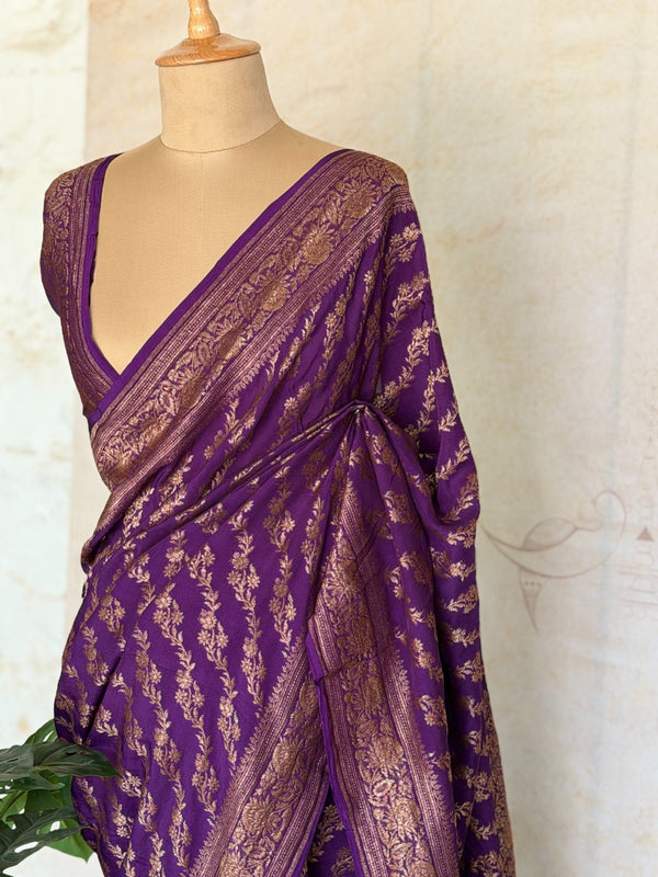 Royal Violet Banarasi Georgette Saree with Floral Zari Jaal & Ornate Woven Border