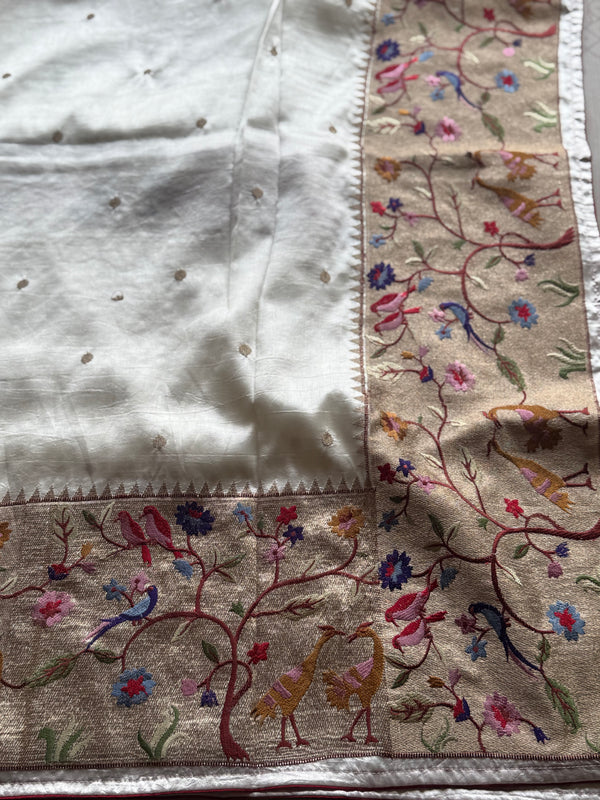 Sashtika - White Chiniya Silk Saree with Paithani Bird & Floral Border