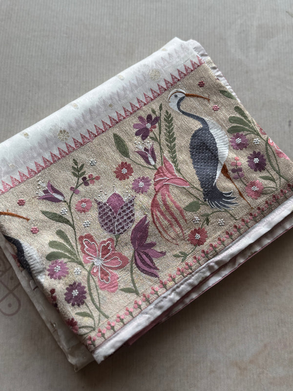 Sashtika - White Chiniya Silk Saree with Paithani Bird & Floral Border
