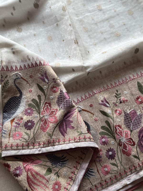 Sashtika - White Chiniya Silk Saree with Paithani Bird & Floral Border