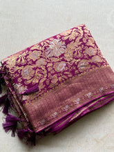 Pure Georgette Antique Banarasi Saree in Royal Wine with Floral Zari Weaving