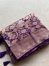 Pure Georgette Antique Banarasi Saree in Royal Wine with Floral Zari Weaving