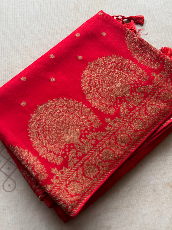 Pratya - Exquisite Red Crepe Silk Saree with Zari Buttas & Grand Peacock Pallu
