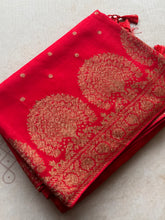 Pratya - Exquisite Red Crepe Silk Saree with Zari Buttas & Grand Peacock Pallu