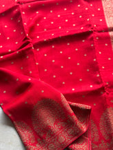 Pratya - Exquisite Red Crepe Silk Saree with Zari Buttas & Grand Peacock Pallu