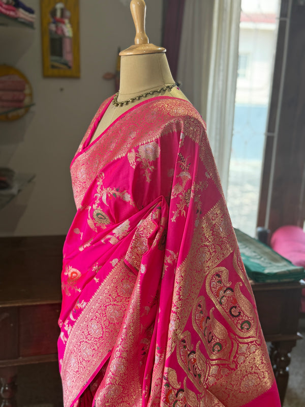 Banarasi Katan Silk Saree in Hot Pink with Zari Buttas