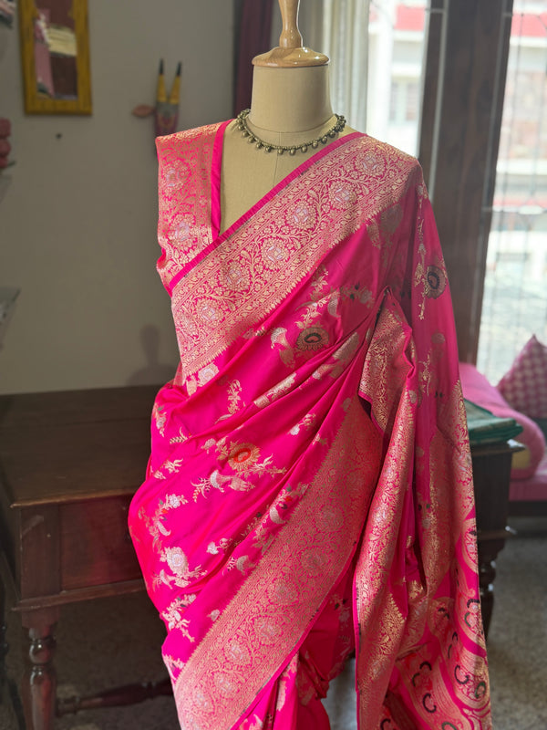 Banarasi Katan Silk Saree in Hot Pink with Zari Buttas