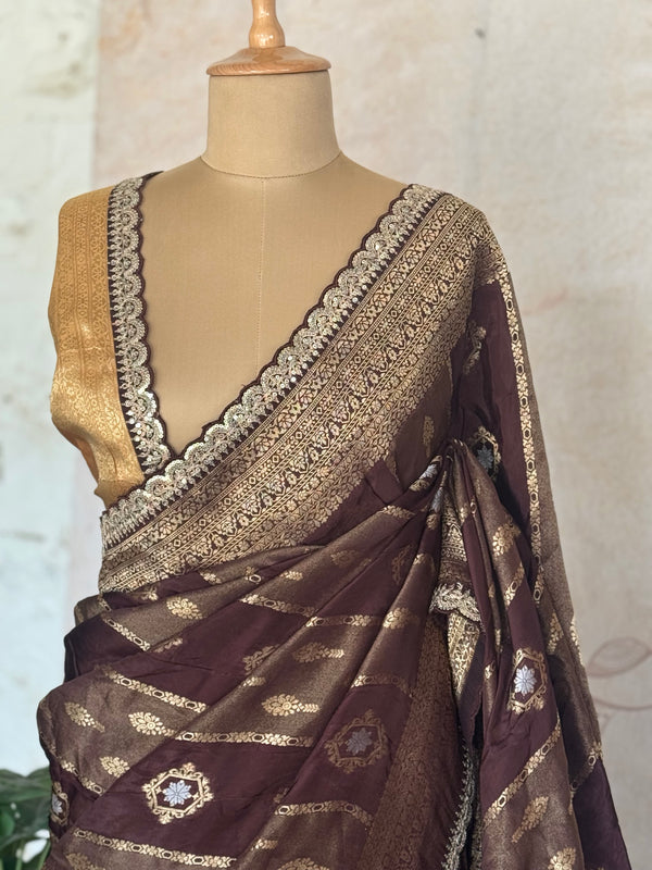 Royal Chocolate Brown Banarasi Silk Saree with Antique Gold Zari & Scalloped Border